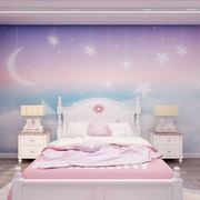 北欧儿童房壁纸女孩房卧室定制壁画，卡通紫色梦幻星空云朵墙布墙纸