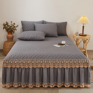 欧式夹棉床裙式床罩单件加厚床套防滑床群花边，床单床盖床垫套保暖