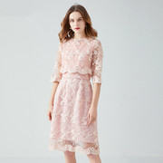 春装粉色连衣裙法式五分，袖优雅中长款洋气显瘦气质蕾丝裙子