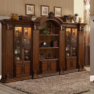 美式实木书柜组合靠墙储物柜欧式带玻璃门，书橱客厅大容量复古书架