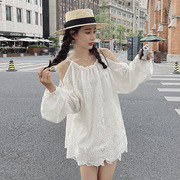 纯白色珍珠领露肩设计韩版圆领上衣随性慵懒洋气百搭短裤套装女款