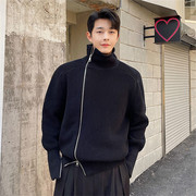 秋冬款韩版男士高领毛衣开衫斜侧拉链设计青年加厚休闲针织衫外套