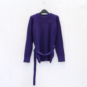 出口意大利单春秋季圆领洋气紫色针织衫系带修身显瘦长袖毛衣女士