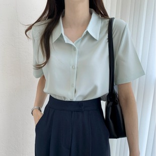 韩国chic夏季简约纯色，法式小众高级感翻领短袖雪纺衬衫上衣女