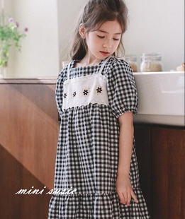 100-145韩系高端童装女童黑白格拼针织小坎肩假两件连衣裙