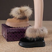 震地王短靴(王短靴)女毛毛鞋，冬季8cm厚底，松糕真皮狐狸毛内增高雪地靴