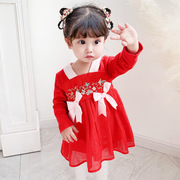 红色刺绣女童装春秋款中式连衣裙，女宝宝中国风公主裙喜庆满月服