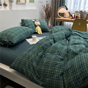 北欧简约ins风小清新绿色色织水洗棉四件套，裸睡1.5m1.8米被套床单