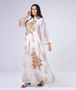 阿拉伯迪拜金色珠片绣花连衣裙，欧美时尚宽松女长袍，中东白色长裙1