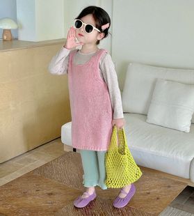 2024春季儿童女童装韩版甜美粉色针织背心裙T恤花边裤子套装