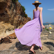 吊带百褶飘逸长裙去海边穿的紫色裙子三亚显瘦沙滩裙女度假连衣裙