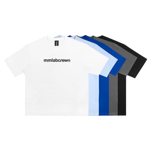 mmlabcrew夏季简约logo印花白色，藏青深蓝宽松纯棉圆领短袖t恤