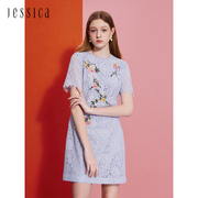 杰西卡24年夏季优雅重工蕾丝高腰修身圆领绣花女士短袖连衣裙