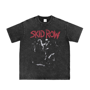 SKID ROW直喷水洗做旧穷街乐队复古灰美式街头朋克摇滚长短袖T恤