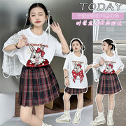 女童夏季卡通宽松短袖2024韩版格子短裙，t恤女孩洋气中大童套装潮