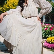 法式白色套头v领拼接连衣裙女2024年夏气质(夏气质)长袖高腰甜美裙子