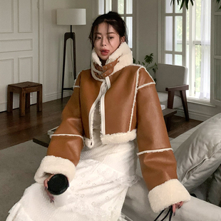 韩国女装2023冬季款时尚毛毛里纯色宽松高领长袖休闲短款外套