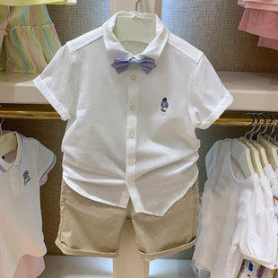 小熊童装夏季薄款男童翻领带领结白色短袖衬衫上衣