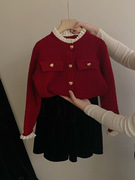 女童小香风针织衫2024春季红色，中大童洋气开衫，毛衣外套丝绒半身裙