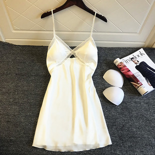 白色吊带睡衣女性感2023夏季薄款冰丝绸蕾，丝带胸垫聚拢睡裙子