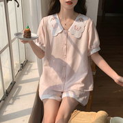 韩版少女睡衣夏季棉薄款甜美公主风云朵可爱娃娃领家居服前扣套装