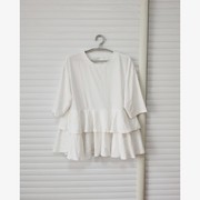 出口日本外贸原单女夏短袖(夏短袖，)纯棉t恤白色甜美层叠荷叶边宽松裙摆式t