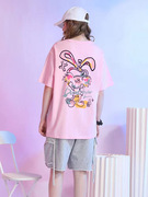 500#原创设计纯棉粉色t恤女短袖2023宽松大码半袖中长款上衣