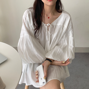 韩国chic夏季复古宫廷风设计感灯笼袖中长款宽松微透短袖衬衫上衣