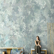 北欧手绘抽象树叶壁纸，复古油画叶子壁画客厅电视，背景墙纸无缝墙布
