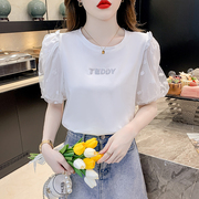 韩版圆领字母泡泡袖短袖T恤女装2024年夏季显瘦百搭上衣小衫