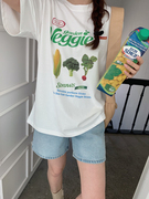 可爱蔬菜印花ins夏日清新配色短袖t恤白色，休闲字母宽松圆领上衣