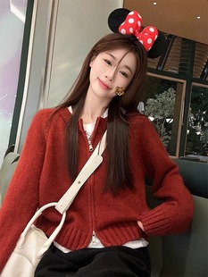 红色纯色小个子针织毛衣开衫，短款外套女秋冬设计感双拉链宽松百搭