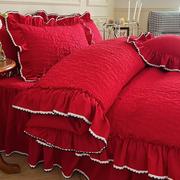 婚庆水洗棉床上四件套床裙夹棉大红色被套床单，床品绗缝床盖三件套
