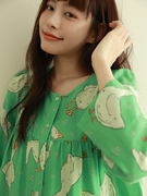 实物chao美的绿色大鹅纯棉，纱布长裙圆领卡通长袖连衣裙秋季睡裙