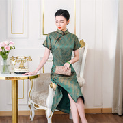 2024夏季绿色桑蚕丝，新中式国风复古修身气质长款真丝旗袍裙女