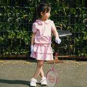 女童运动裙套装网球裙粉色polo衫短袖纯棉半身裙羽毛球运动服夏季
