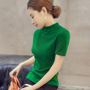 绿色t恤女短袖2024夏季冰丝针织，薄款设计感小众打底衫上衣潮
