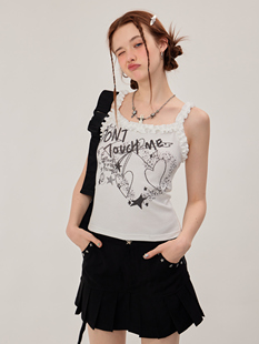 ziziFei夏季美式复古无袖上衣涂鸦印花图案修身木耳边背心吊带女