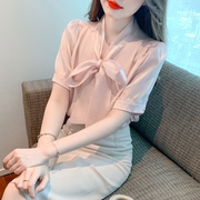 已出货2024夏季韩版V领蝴蝶结蕾丝衫雪纺衫粉色甜美短袖小衫