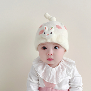 婴儿帽子秋冬可爱超萌女宝宝毛线针织帽小月龄女孩，保暖冬季套头帽