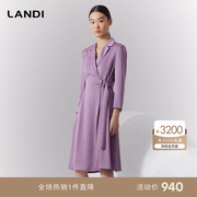 LANDI蓝地紫罗兰色西装领系带收腰连衣裙女通勤九分袖裙子春