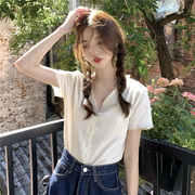 大码胖妹妹衬衫女夏季韩版气质，褶皱v领显瘦衬衣，温柔风短袖上衣女