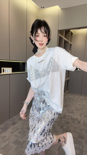 rrfashion短袖，t恤女2024夏季重工亮片蕾丝，中长款圆领上衣