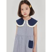 女童连衣裙夏装2023儿童蓝色条纹，纯棉甜美花边，领洋气无袖裙