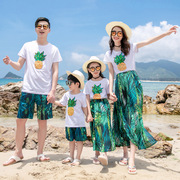 沙滩亲子装一家三口四口菠萝短袖半身裙，母子母女度假旅游家庭套装