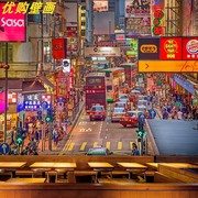 3D香港街景壁画港式茶餐厅复古怀旧装饰墙布小吃店自粘夜景墙壁纸