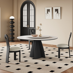 法式实木餐桌家用黑色圆形，带转盘意式现代简约纯白复古岩板圆桌