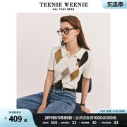 TeenieWeenie小熊春装菱形格套头短袖毛衣Polo领薄款针织衫女