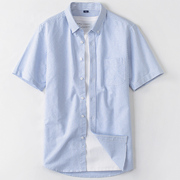 蓝白细竖条纹短袖衬衫男装半袖衬衣服日系潮休闲百搭宽松纯棉夏天