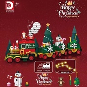 中国积木圣诞节日礼物灯光版回力火车树老人儿童益智拼装男女玩具